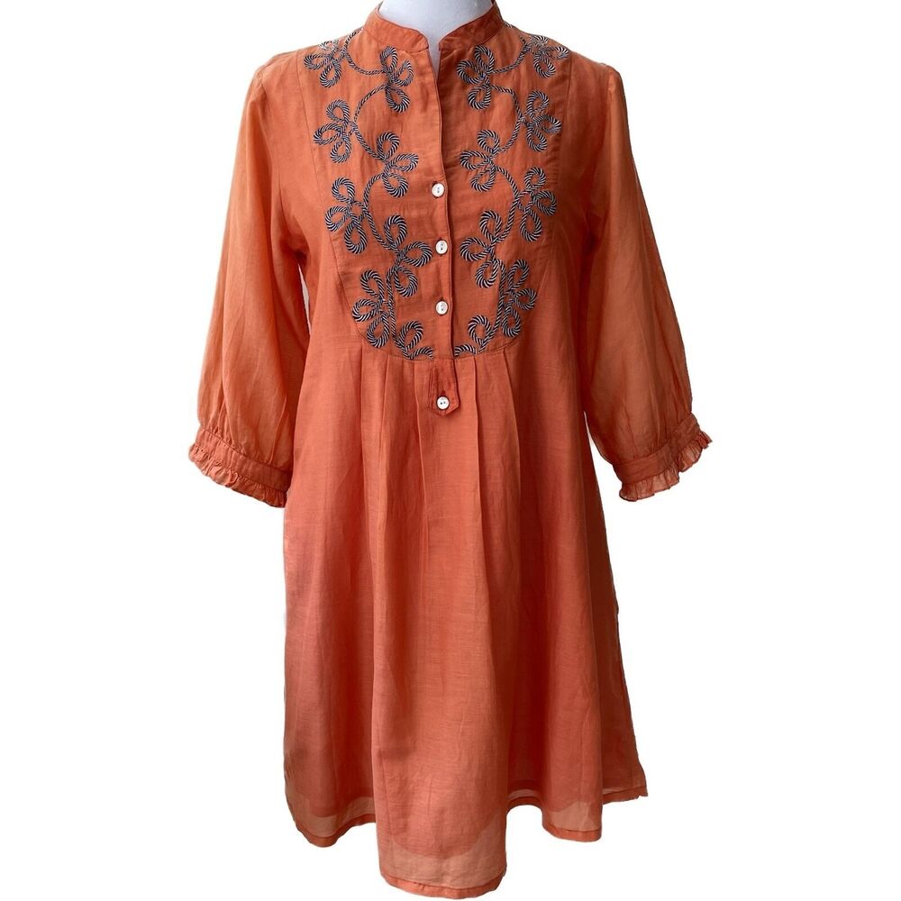 Creme Fraiche small dress embroidered tunic mandarin collar with pockets orange